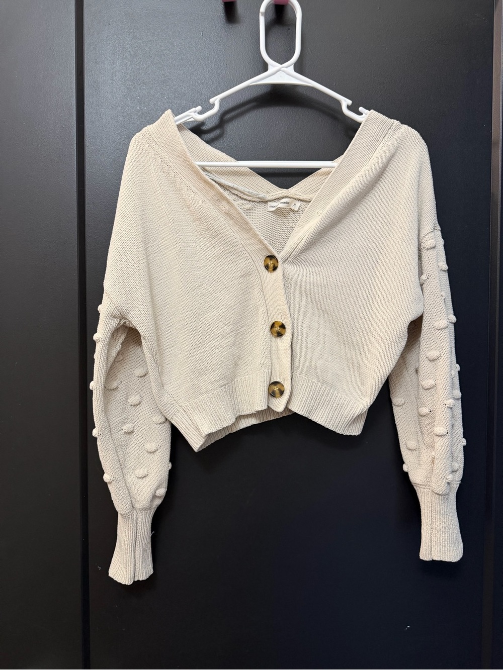 moon & madison Cream Cropped Button Cardigan with Pom-Pom Sleeve Detail